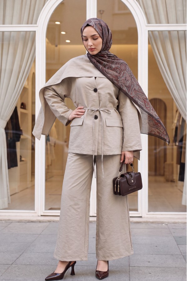 Pocket Detail V-Neck Drawstring Parachute Suit with Scarf -Stone