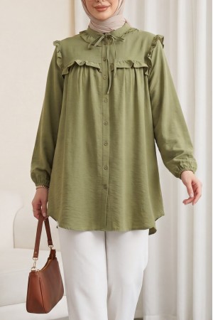Yakası Bağlamalı Kolu Lastikli Fırfırlı Cupra Gömlek -Çağla Y.