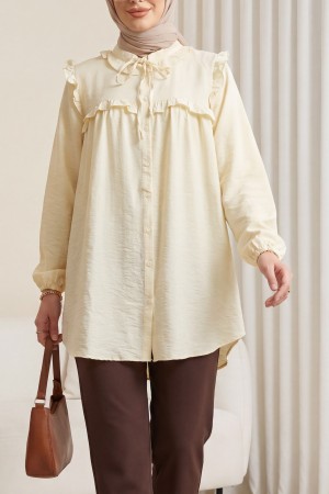 Yakası Bağlamalı Kolu Lastikli Fırfırlı Cupra Gömlek -Ekru