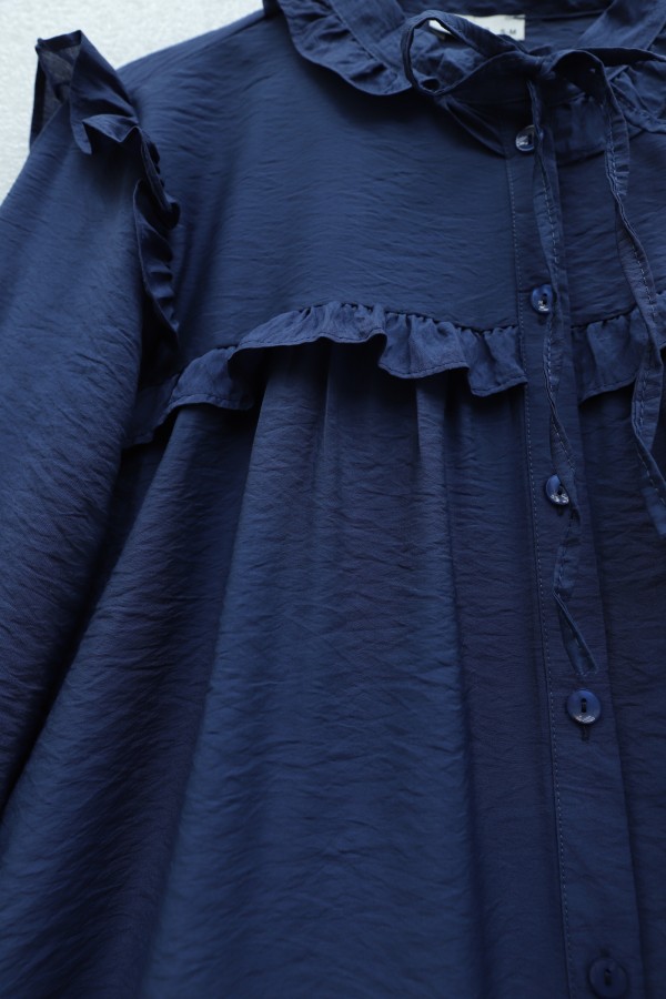 Cupra Shirt with Tie Collar, Elasticated Sleeves and Ruffles -İndigo