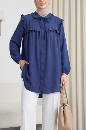 Yakası Bağlamalı Kolu Lastikli Fırfırlı Cupra Gömlek -İndigo