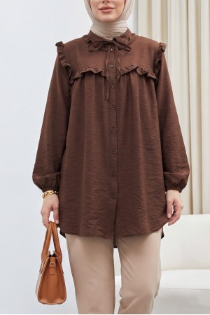 Yakası Bağlamalı Kolu Lastikli Fırfırlı Cupra Gömlek -Kahverengi