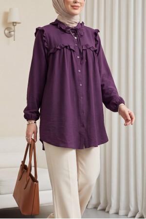 Yakası Bağlamalı Kolu Lastikli Fırfırlı Cupra Gömlek -Mor