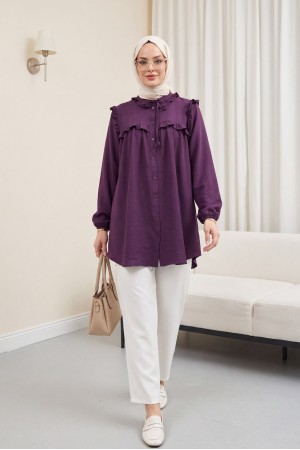 Yakası Bağlamalı Kolu Lastikli Fırfırlı Cupra Gömlek -Mor
