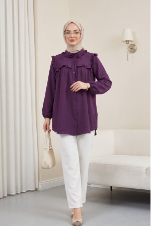 Yakası Bağlamalı Kolu Lastikli Fırfırlı Cupra Gömlek -Mor