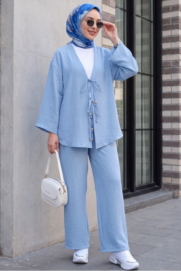 Kimono Set with Double Front Tie and Trousers        -Ice Blue