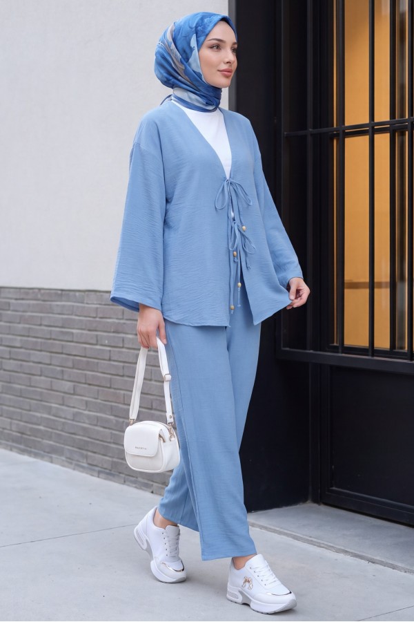 Kimono Set with Double Front Tie and Trousers        -Ice Blue
