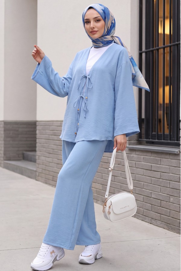 Kimono Set with Double Front Tie and Trousers        -Ice Blue