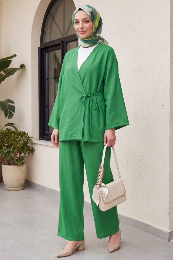 Önden Bağlamalı Pantolonlu Kimono Takım          -Yeşil