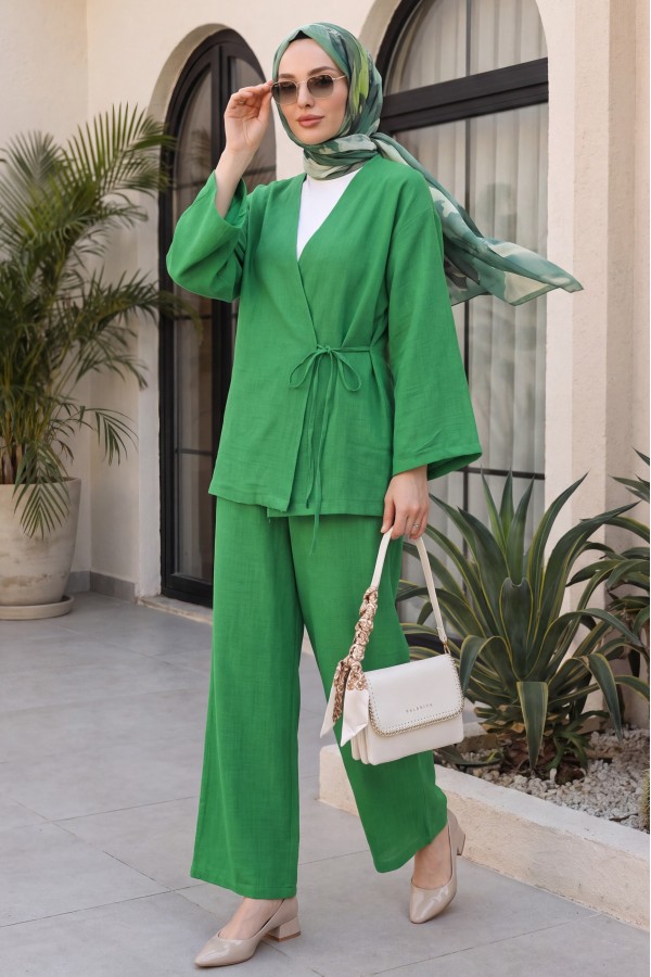 Önden Bağlamalı Pantolonlu Kimono Takım          -Yeşil