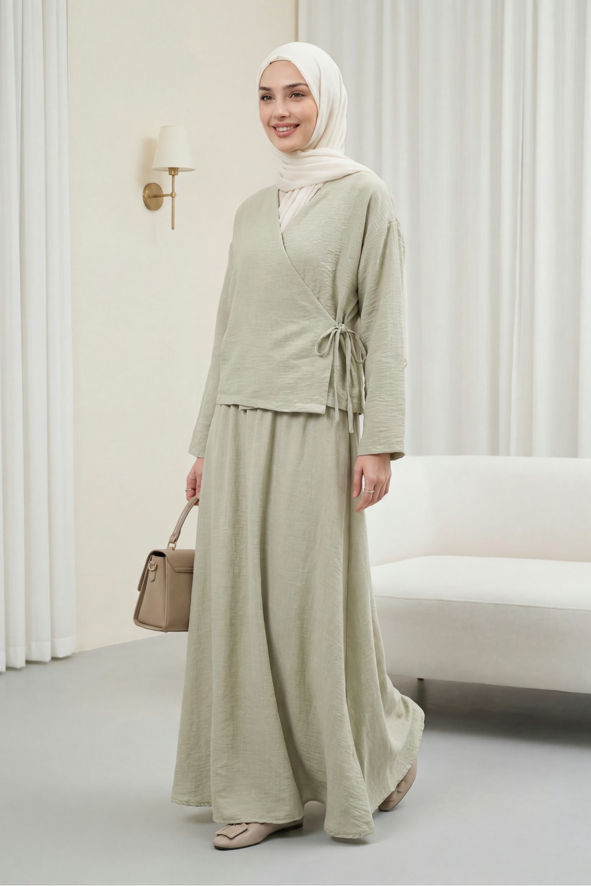 Linen Suit with Side Tie Skirt   -Stone