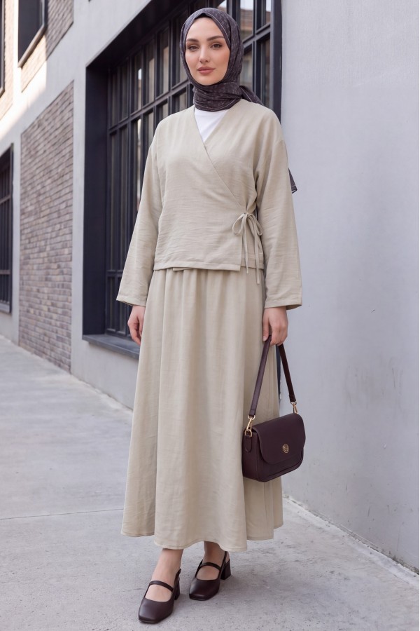 Linen Suit with Side Tie Skirt   -Stone