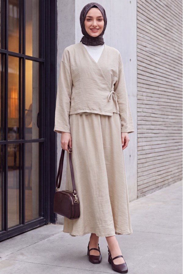 Linen Suit with Side Tie Skirt   -Stone