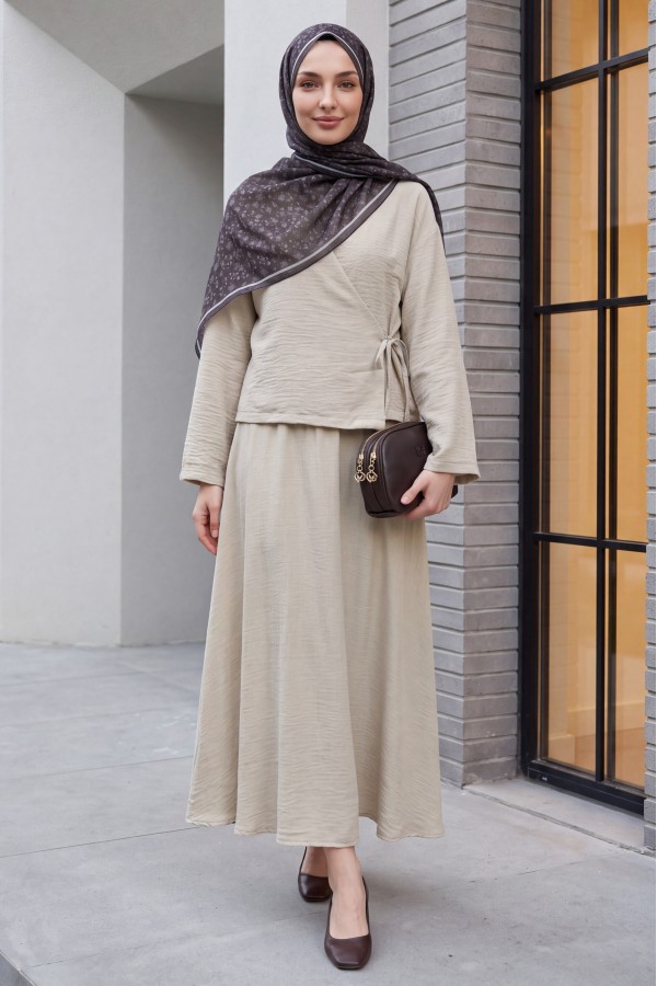 Linen Suit with Side Tie Skirt   -Stone