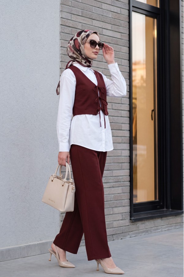 Önü Bağcıklı Yelek Pantolon İkili Keten Görünümlü Takım  -Bordo