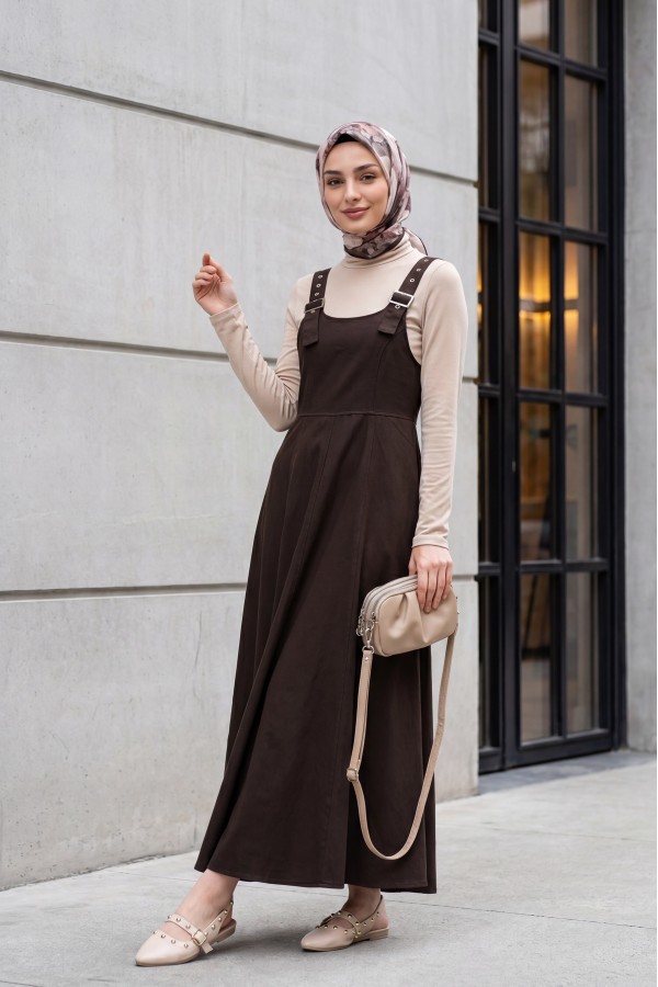 Yarım Fermuarlı Askılı Gabardin Jile  -Kahverengi