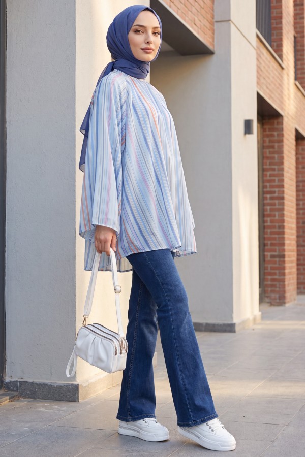 Stand Collar Striped Lined Oversize Thin Voile Tunic -Light blue