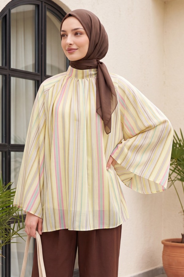 Stand Collar Striped Lined Oversize Thin Voile Tunic -Yellow