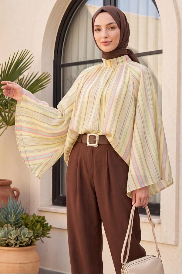 Stand Collar Striped Lined Oversize Thin Voile Tunic -Yellow