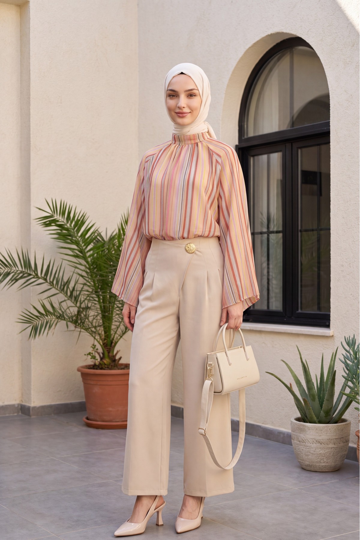 Stand Collar Striped Lined Oversize Thin Voile Tunic -Salmon