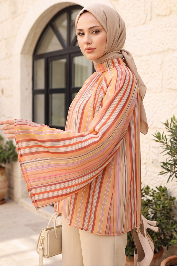 Stand Collar Striped Lined Oversize Thin Voile Tunic -Salmon