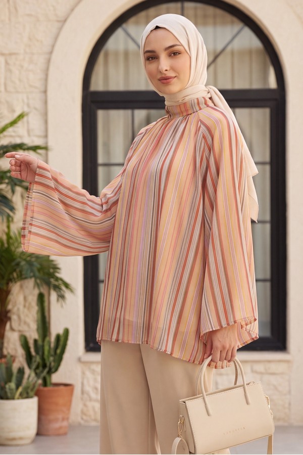 Stand Collar Striped Lined Oversize Thin Voile Tunic -Salmon