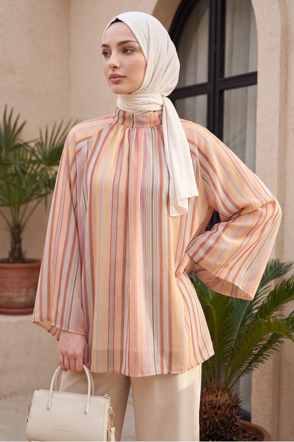 Stand Collar Striped Lined Oversize Thin Voile Tunic -Salmon