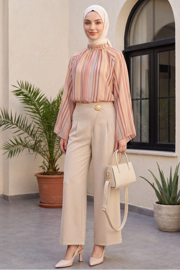 Stand Collar Striped Lined Oversize Thin Voile Tunic -Salmon