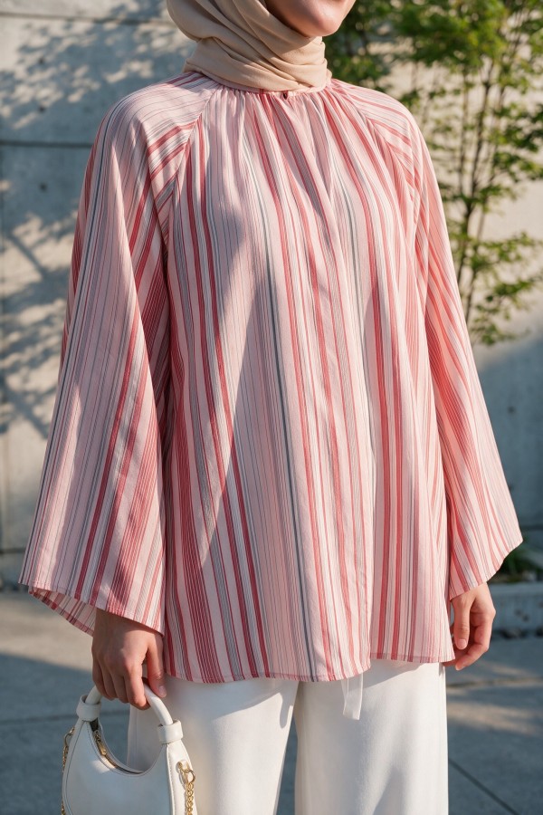 Stand Collar Striped Lined Oversize Thin Voile Tunic  -Dried rose