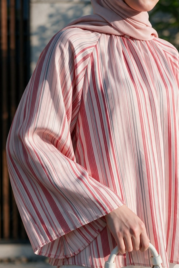 Stand Collar Striped Lined Oversize Thin Voile Tunic  -Dried rose