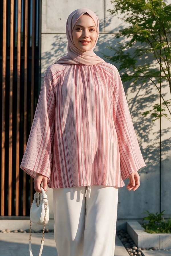 Stand Collar Striped Lined Oversize Thin Voile Tunic  -Dried rose