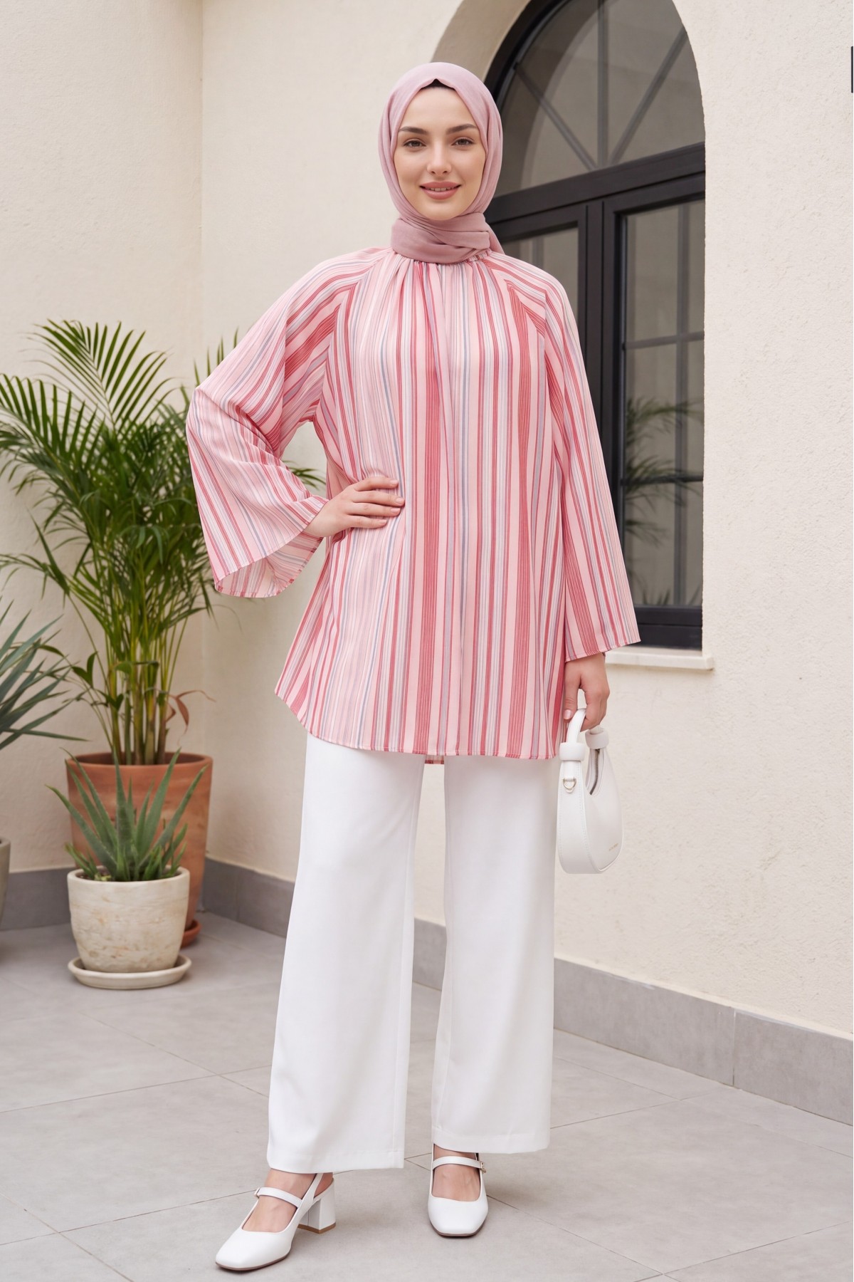 Stand Collar Striped Lined Oversize Thin Voile Tunic  -Dried rose