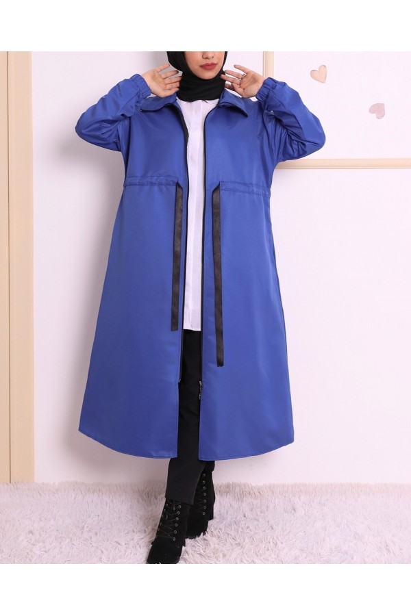 Stand Up Collar Tunnel Laced Trench Coat -Saxe 