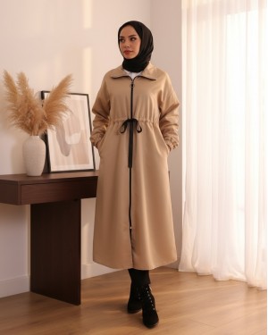 Stand Up Collar Tunnel Laced Trench Coat -Mink color