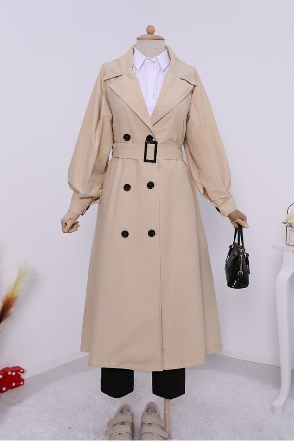 Balloon Sleeve Buckle Belt Side Pocket Trench Coat - Beige