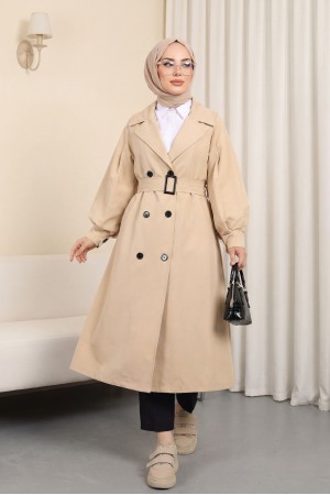 Balon Kol Tokalı Kemerli Yan Cepli Trençkot -Bej