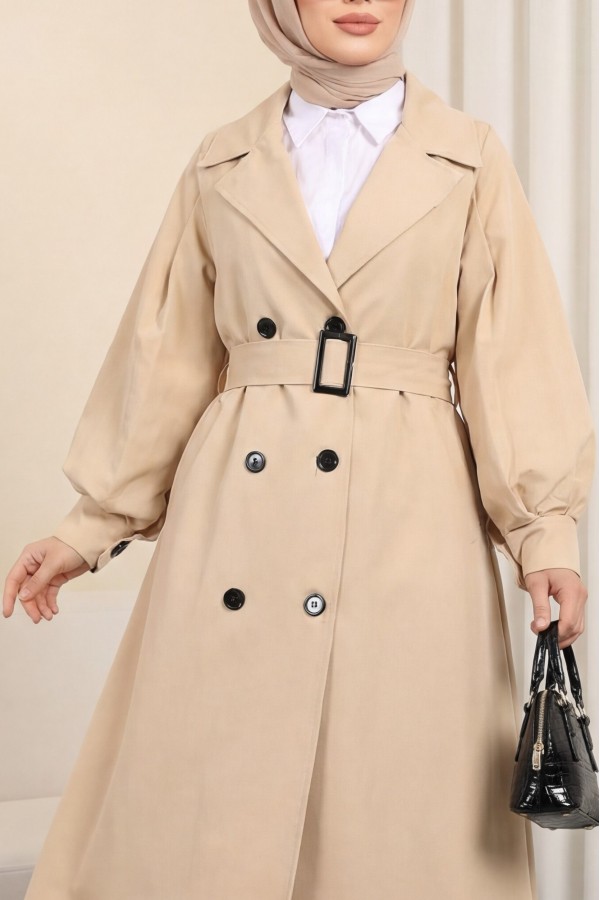 Balloon Sleeve Buckle Belt Side Pocket Trench Coat - Beige
