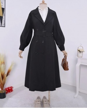 Balloon Sleeve Buckle Belt Side Pocket Trench Coat -Black