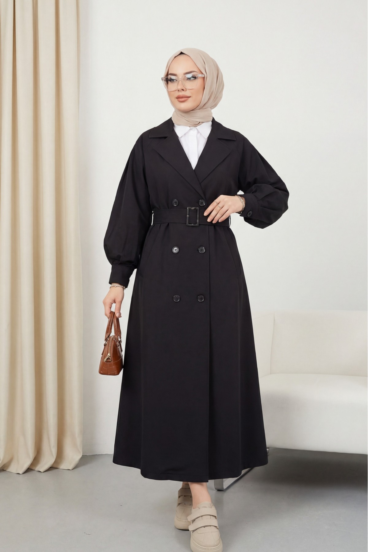 Balloon Sleeve Buckle Belt Side Pocket Trench Coat -Black
