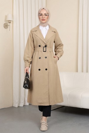 Balon Kol Tokalı Kemerli Yan Cepli Trençkot  -Vizon