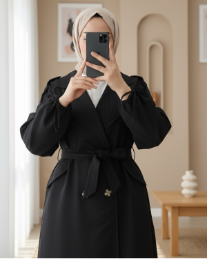 Kapaklı Cepli Kolu Bağcıklı Trençkot -Black