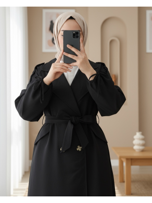 Kapaklı Cepli Kolu Bağcıklı Trençkot -Siyah