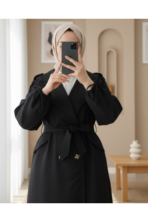 Kapaklı Cepli Kolu Bağcıklı Trençkot -Siyah