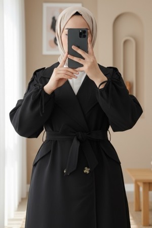 Kapaklı Cepli Kolu Bağcıklı Trençkot -Siyah