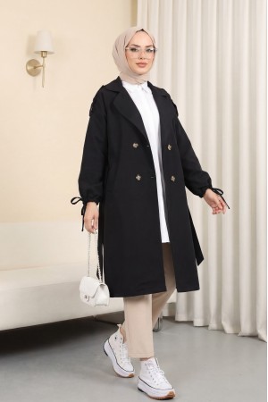 Kapaklı Cepli Kolu Bağcıklı Trençkot -Siyah
