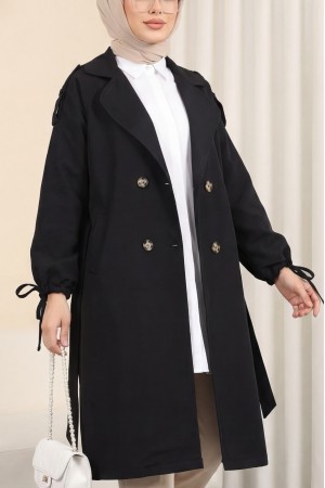 Kapaklı Cepli Kolu Bağcıklı Trençkot -Siyah