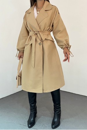 Kapaklı Cepli Kolu Bağcıklı Trençkot -Vizon