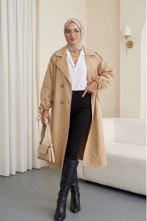 Kapaklı Cepli Kolu Bağcıklı Trençkot -Vizon