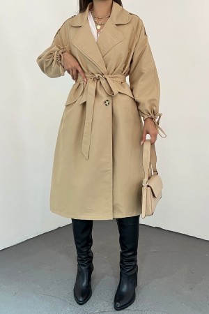 Kapaklı Cepli Kolu Bağcıklı Trençkot -Vizon