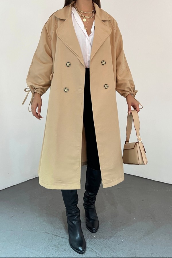 Kapaklı Cepli Kolu Bağcıklı Trençkot -Mink color